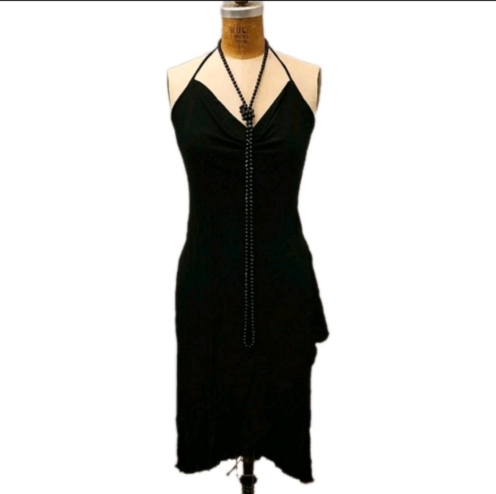 Black Asymmetrical Halter, Cowl Neck Knit Jersey Midi Dress Sml Sexy Whimsygoth